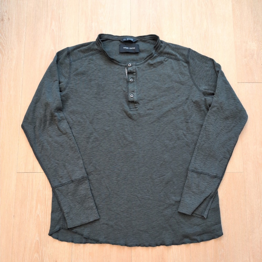 Wings + Horns Mens Large Long Sleeve Henley Shirt Dark Slub Cotton